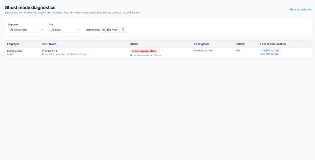 Forcefield Ghost mode diagnostics listing stale location updates and device status