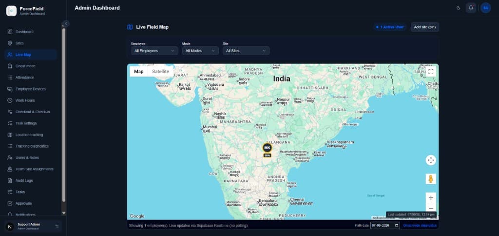 Forcefield Live Map tab with employee, mode, and site filters over India
