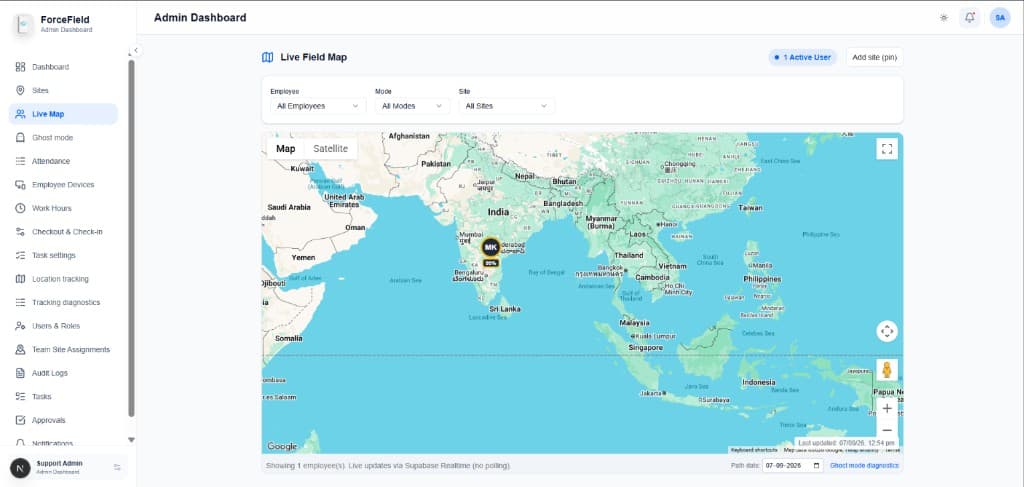 Forcefield Live Map tab with employee, mode, and site filters over India